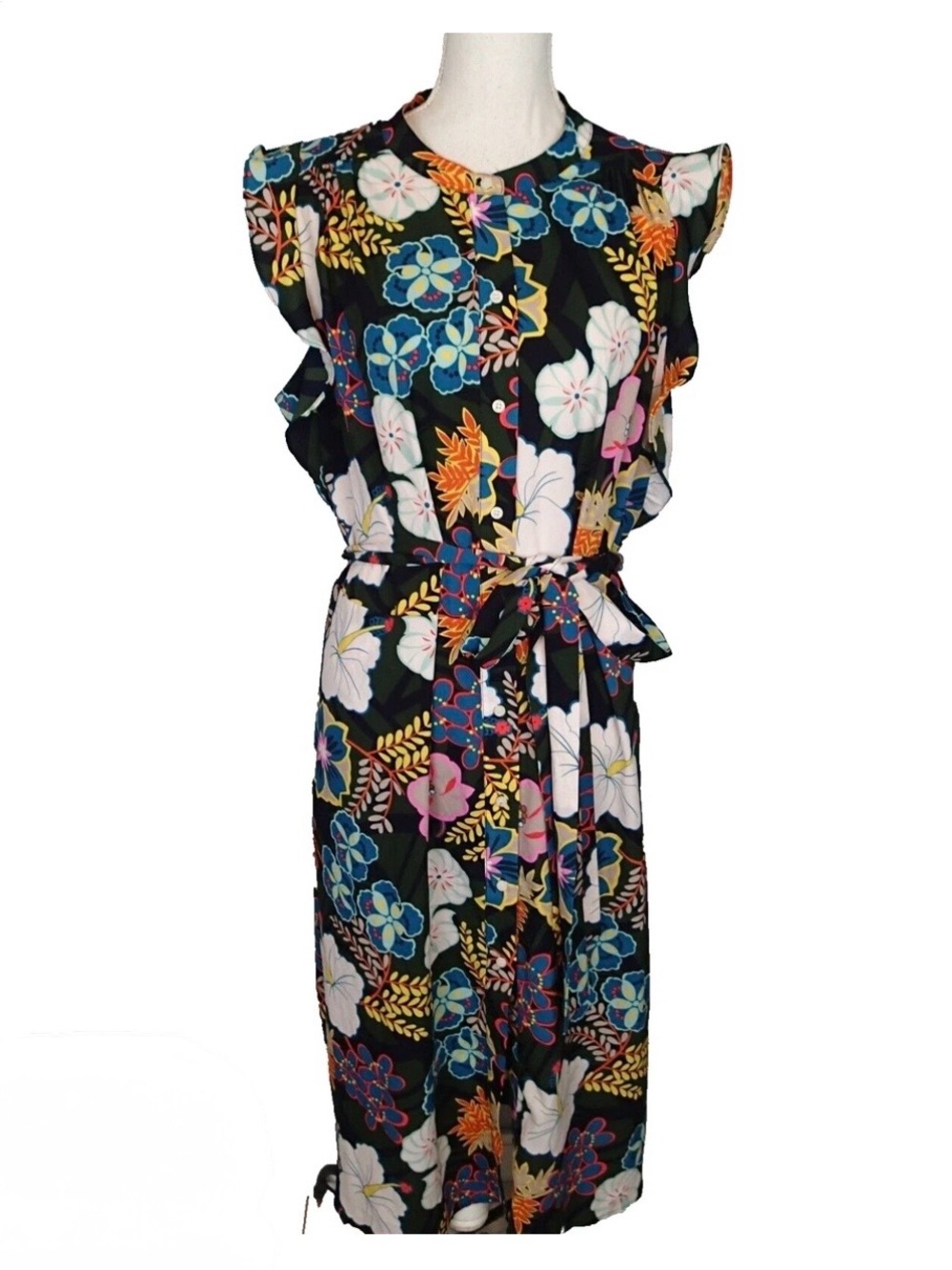 RACHEL Rachel Roy Black Floral Flutter Sleeve Midi Dress with a Belt